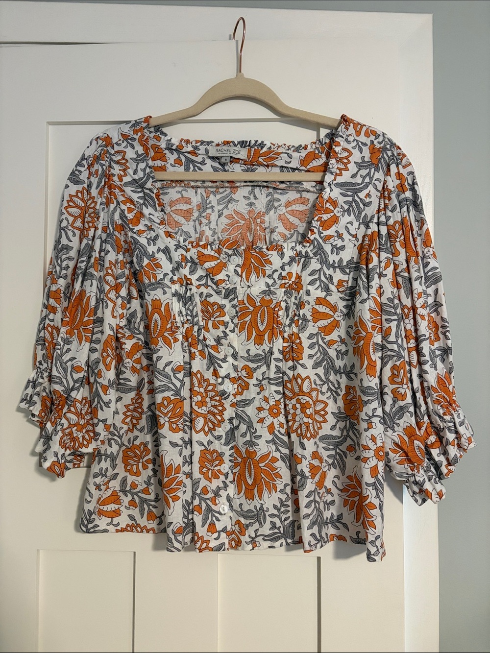 Rachel Zoe White Blouse with Orange and Gray Floral Print